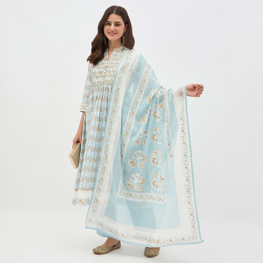 Women's Light Blue Cotton Round Neck Embroidered Kurta, Light Blue, large image number null