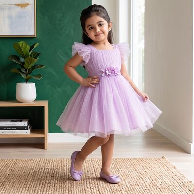 Girls' Lilac Fit and Flare Embellished Tulle Party Wear Frock