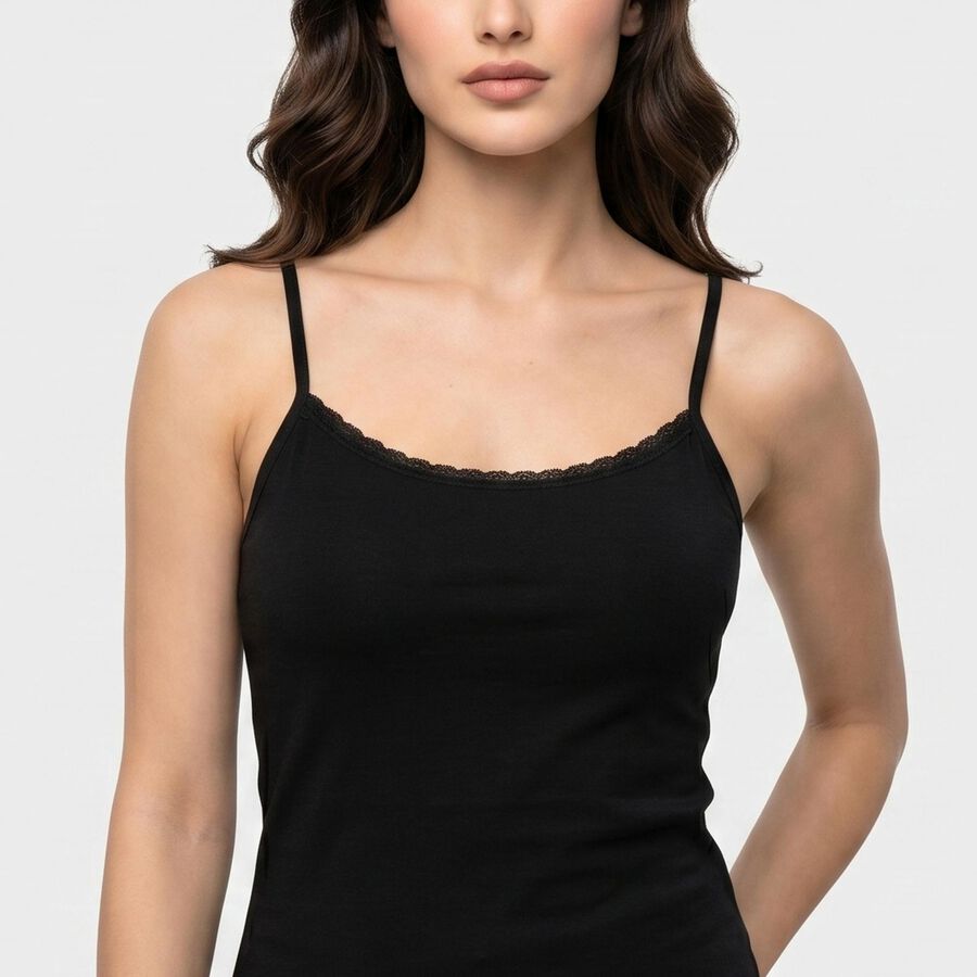 Women's Black Cotton Blend Scoop Neck Camisole Slip, Black, large