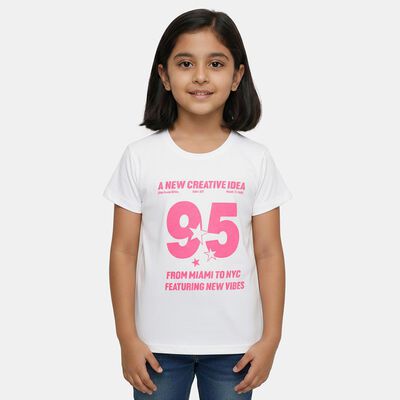 Girls' White Cotton Blend Round Neck Casual Graphic Printed T-Shirt