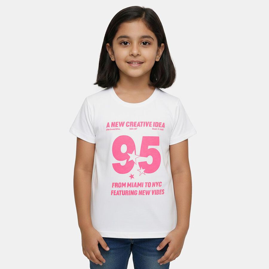 Girls' White Cotton Blend Round Neck Casual Graphic Printed T-Shirt, सफ़ेद, large