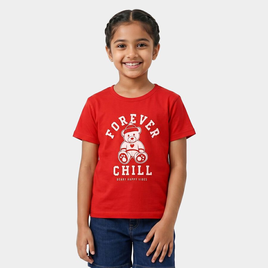 Girls' Red Crew Neck Regular T-Shirt, Red, large