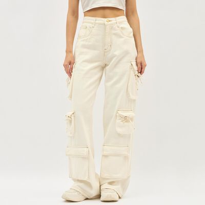Women's Light Beige Wide Leg Cargo Jeans