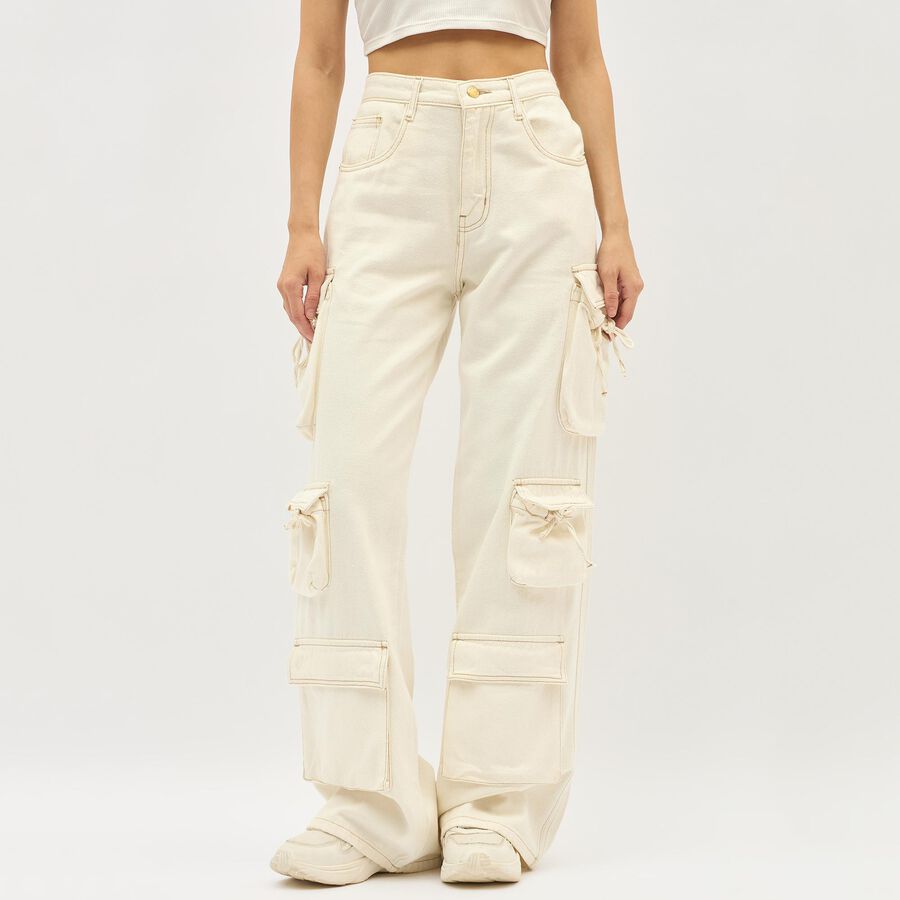 Women's Light Beige Wide Leg Cargo Jeans, ऑफ व्हाइट, large image number null
