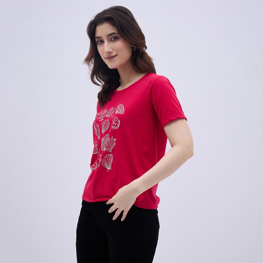 Women's Bright Red Round Neck Casual T-Shirt, Fuchsia, large