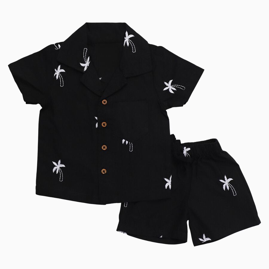 Infants' Black Cotton Collared Embroidered Baba Suit, Black, large