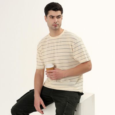 Men's Off-White Round Neck Casual Striped T-Shirt