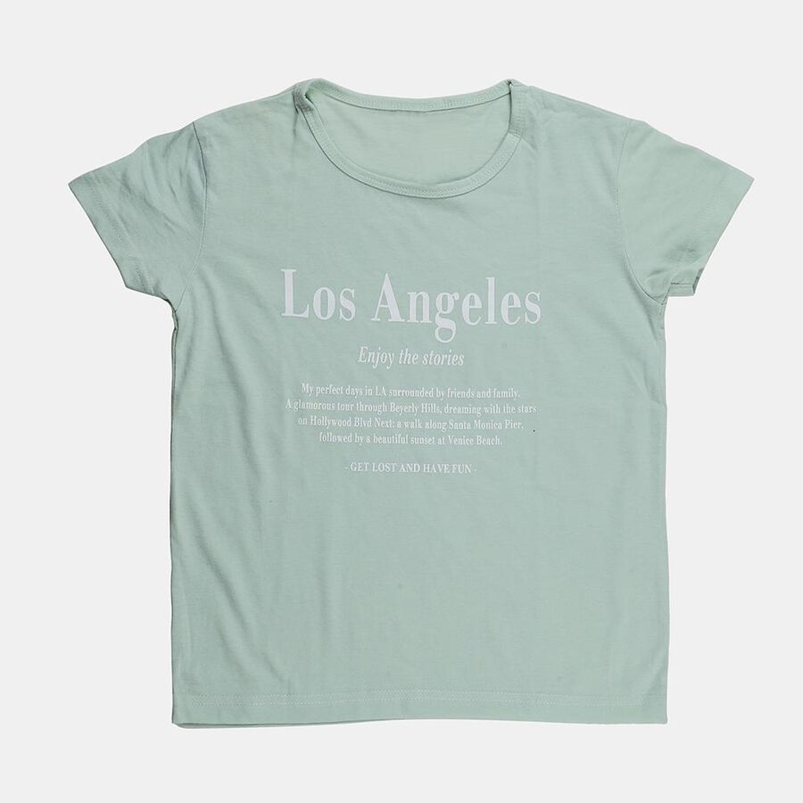 Girls Green Round Neck Casual T-Shirt, हल्का हरा, large