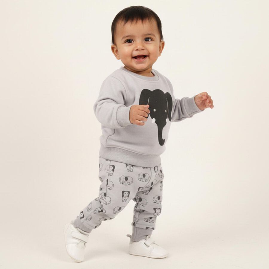Infants' Light Grey Round Neck Elephant Printed Baba Suit, Light Grey, large image number null