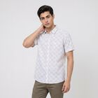 Men's White Cotton Short Sleeve Spread Collar Regular Fit Casual Shirt, Off White, small