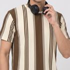 Men's Brown Round Neck Striped Regular T-Shirt, भूरा, small