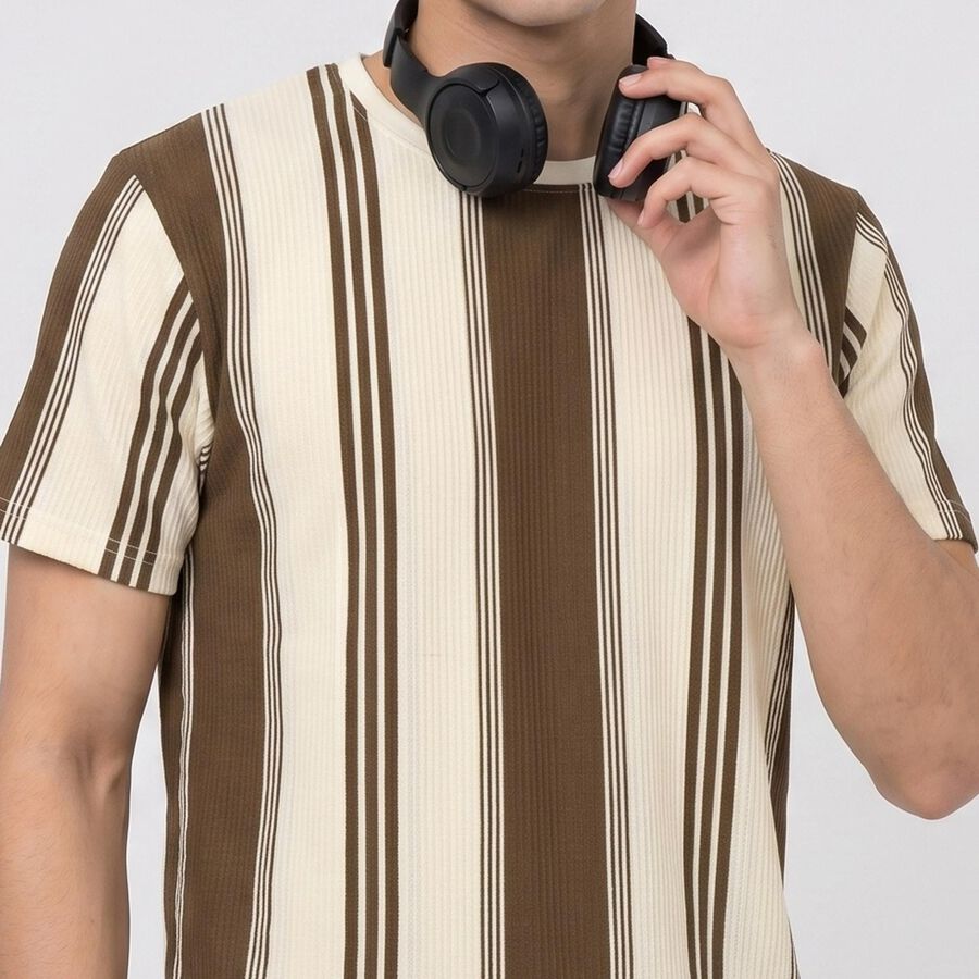 Men's Brown Round Neck Striped Regular T-Shirt, भूरा, large