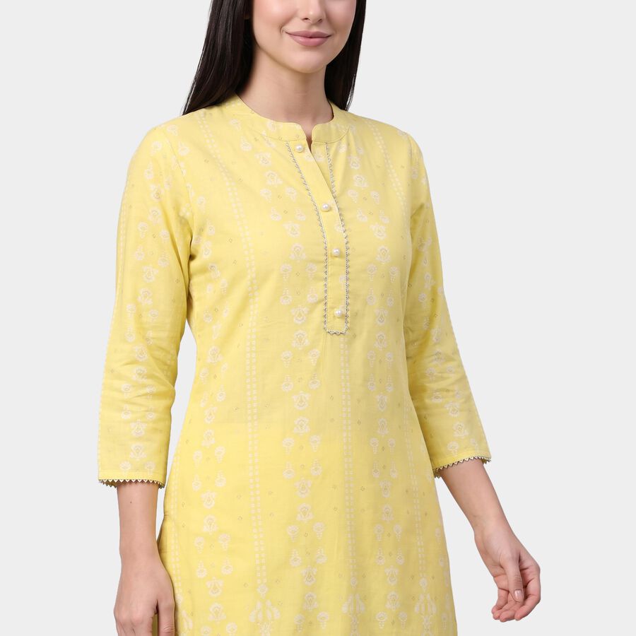 Women's Yellow Mandarin Collar Printed Kurta, Yellow, large