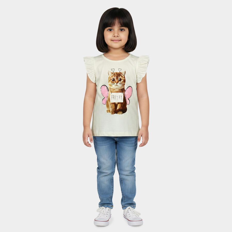 Girls White Cotton Round Neck Regular T-Shirt, सफ़ेद, large