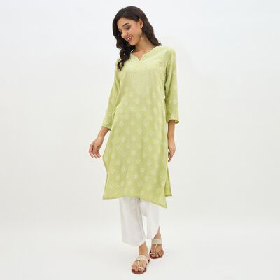 Women's Light Sage Green Notch Neck Printed Kurta