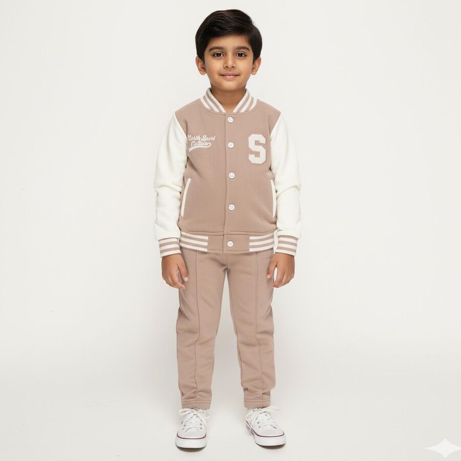 Boys' Beige Varsity Neck Embroidered Baba Suit, गहरा पीला, large image number null