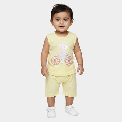 Infants Yellow Cotton Sleeveless Casual Shorts Set