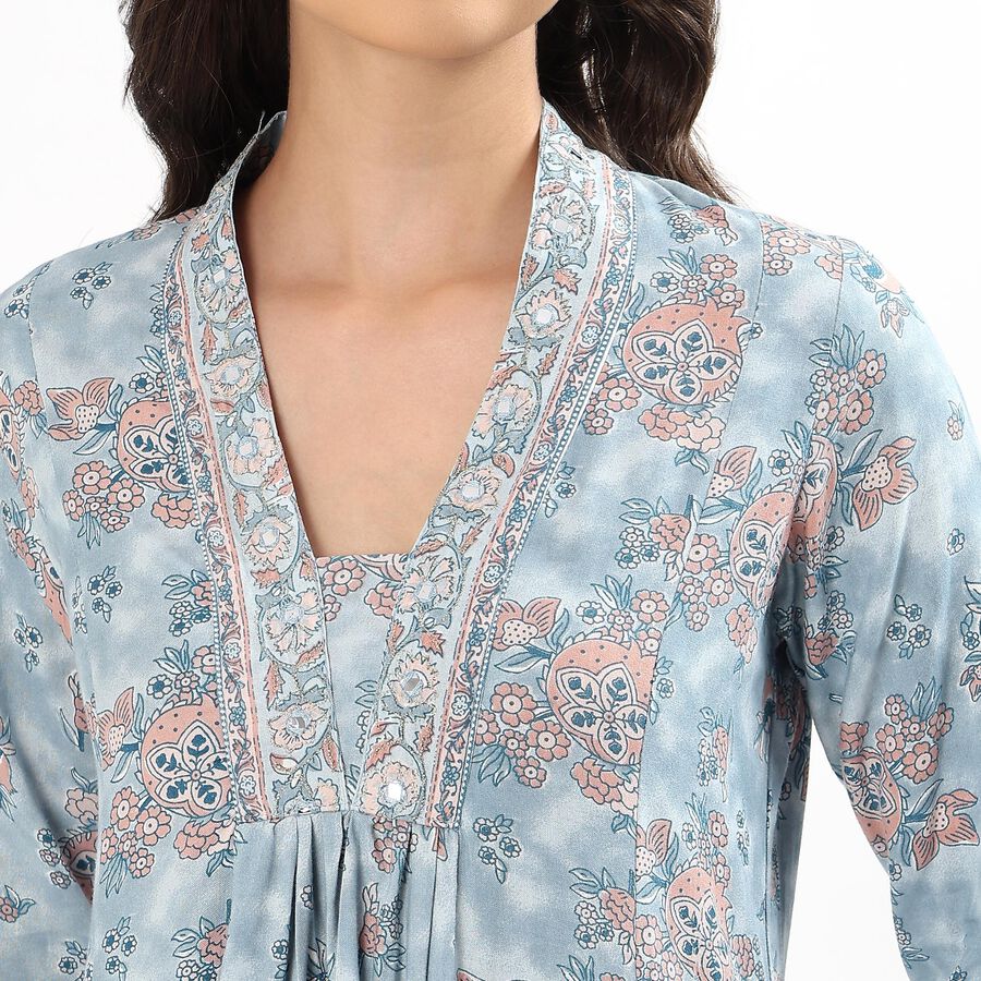Women's Pale Powder Blue Notch Neck Floral Embroidered Kurta, Light Blue, large