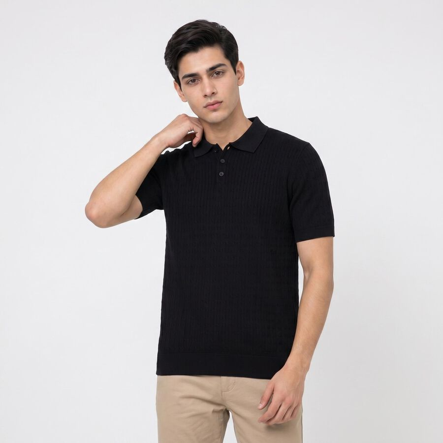 Men's Navy Blue Cotton Polo Neck Solid T-Shirt, Navy Blue, large
