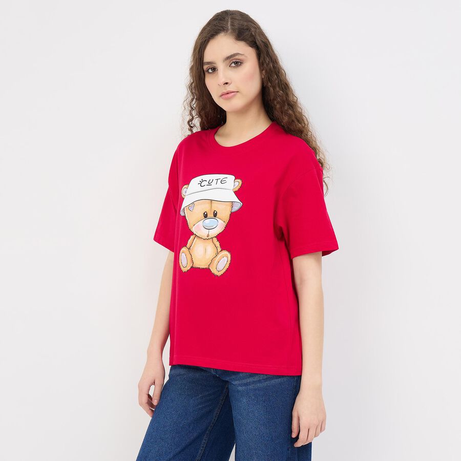 Women's Muted Peach Cotton Round Neck Casual Graphic T-Shirt, रानी (फ्यूशिया), large