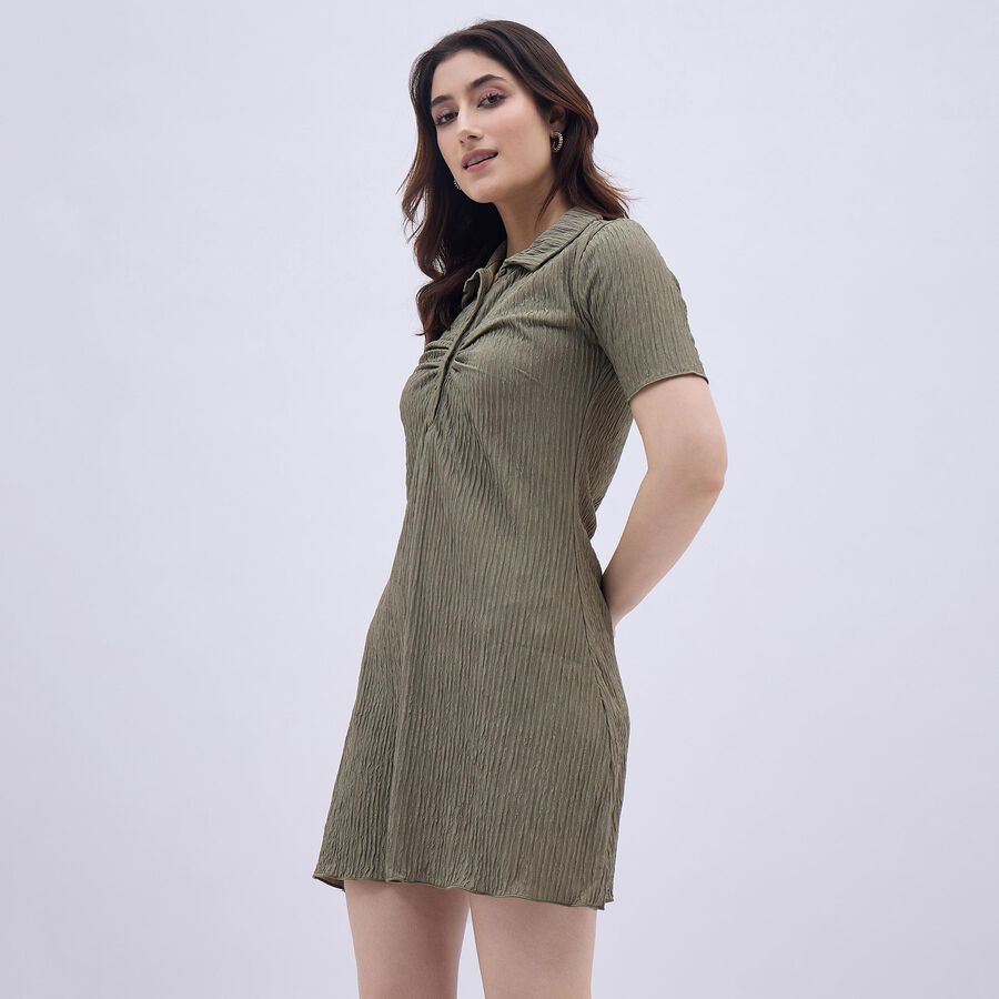 Women's Muted Olive Green Collared Empire Style Dress, Light Green, large