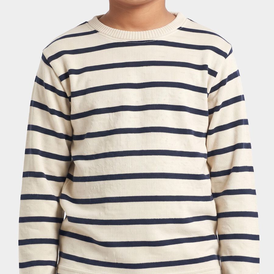 Boys' Cream Crew Neck Striped Pullover, Off White, large