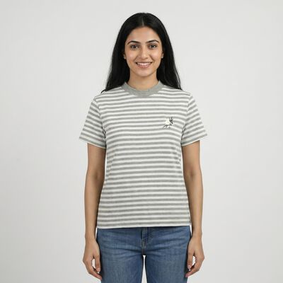 Women's Light Grey Round Neck Casual T-Shirt