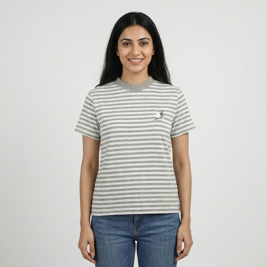 Women's Light Grey Round Neck Casual T-Shirt, Melange Light Grey, large
