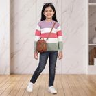 Girls Pink Crew Neck Striped Pullover, Pink, small
