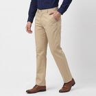 Men's Beige Flat-Front Trousers, गहरा पीला, small
