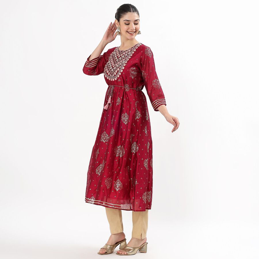 Women's Crimson Round Neck Embroidered A-Line Kurta, Fuchsia, large image number null