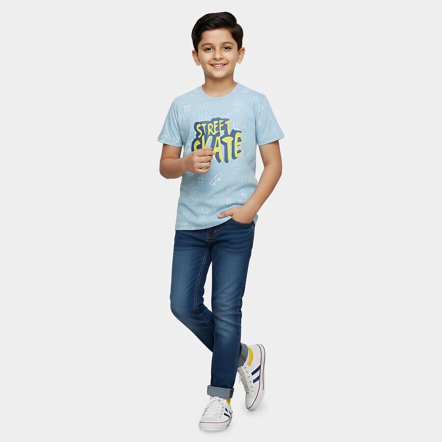 Boys Aqua Round Neck Casual T-Shirt, Aqua, large