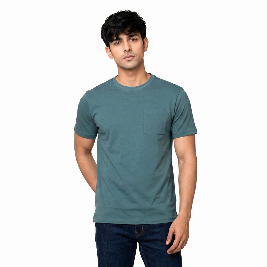 Men's Blue Cotton Round Neck Regular T-Shirt, Mid Blue, large