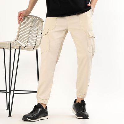 Men's Warm Beige Tapered Fit Cargo Track Pants