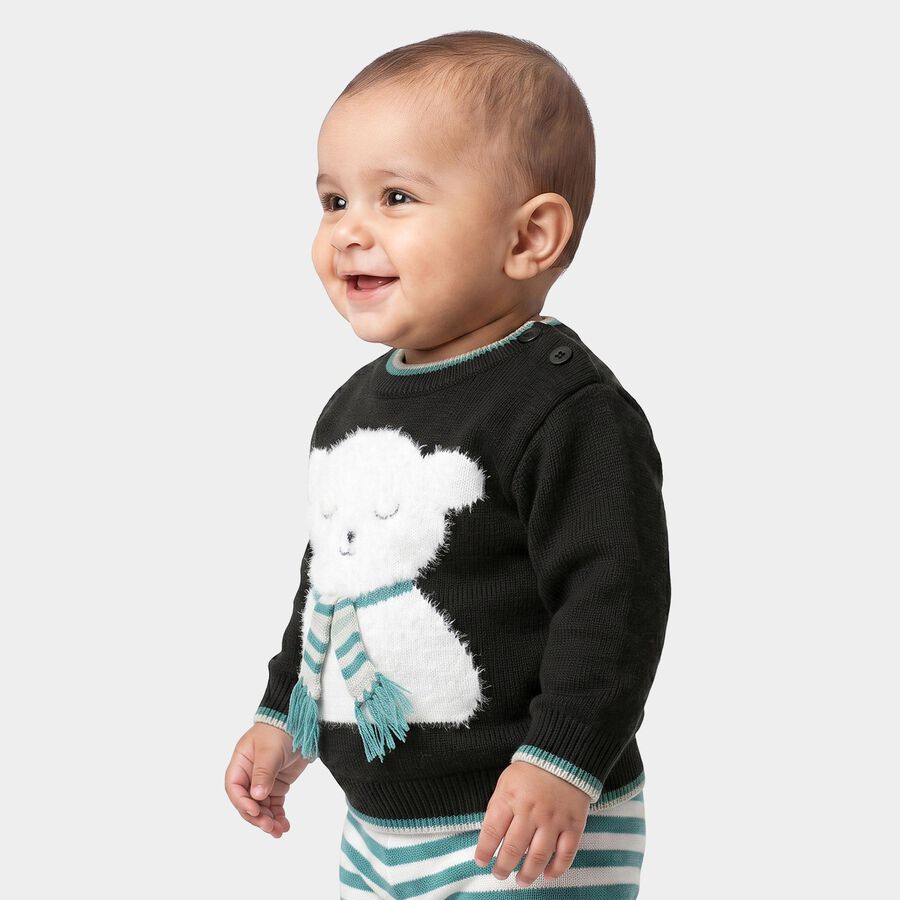Infants' Black Crew Neck Long Sleeve Pullover, काला, large
