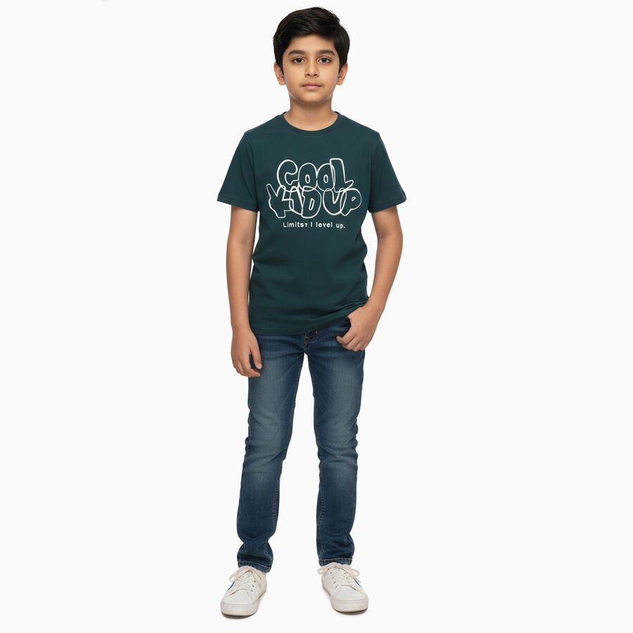 Boys Dark Green Crew Neck Casual T-Shirt, Dark Green, large