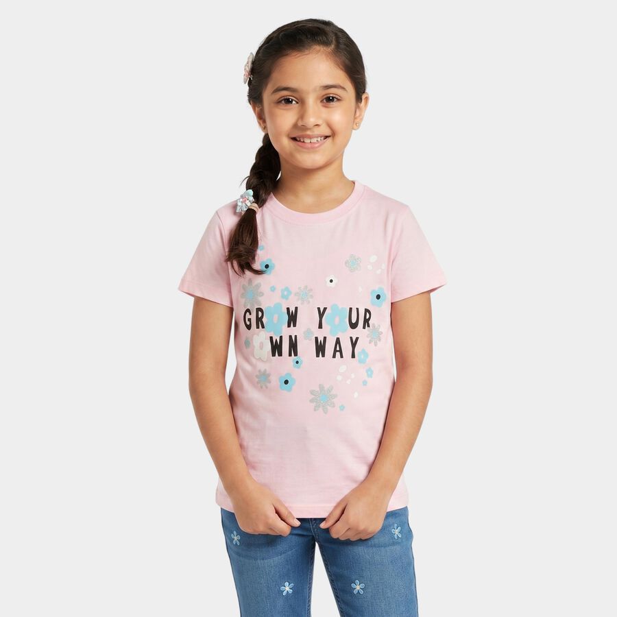 Girls Pink Round Neck Regular T-Shirt, Light Pink, large