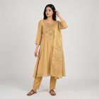 Women's Beige Notch Neck Embroidered Flared Kurta, Beige, small