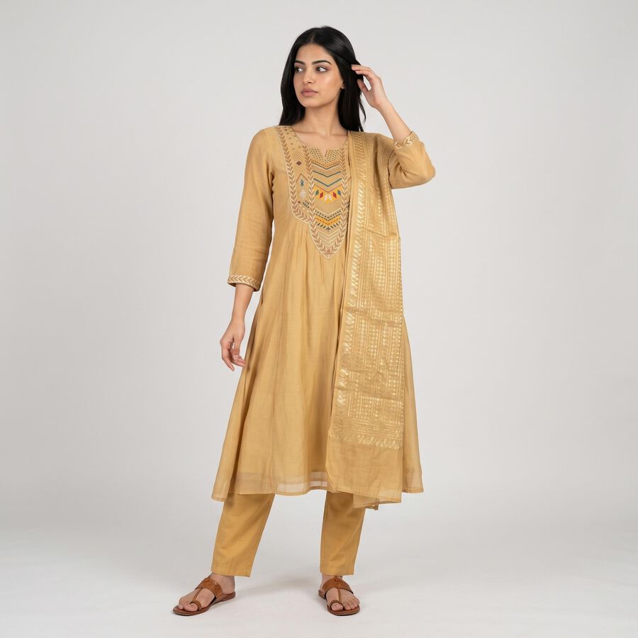 Women's Beige Notch Neck Embroidered Flared Kurta, Beige, large
