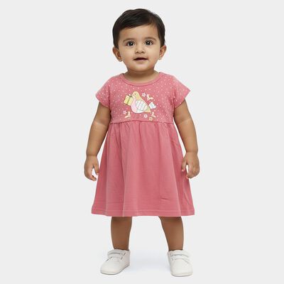 Infants' Pink Regular Fit Peter Pan Collar Cotton Frock