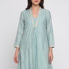 Women's Aqua V-Neck Printed Kurta, एक्वा, small