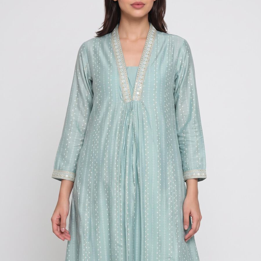 Women's Aqua V-Neck Printed Kurta, एक्वा, large