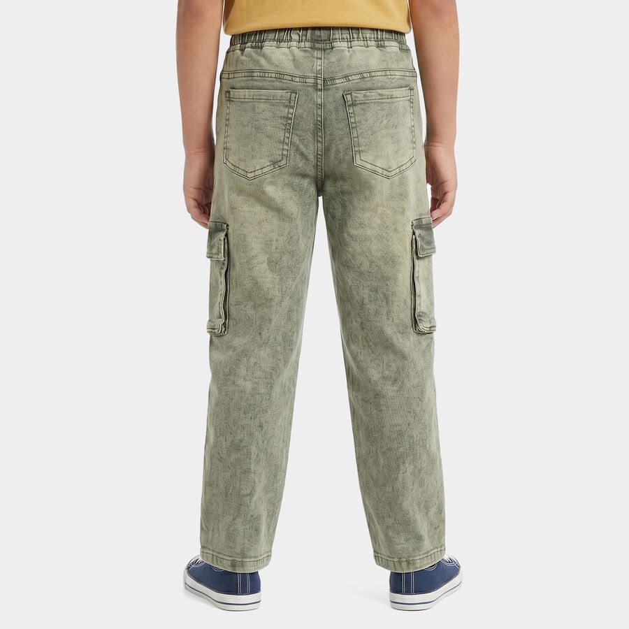 Boys Olive Green Cargo Fit Washed Jeans, ओलिव, large