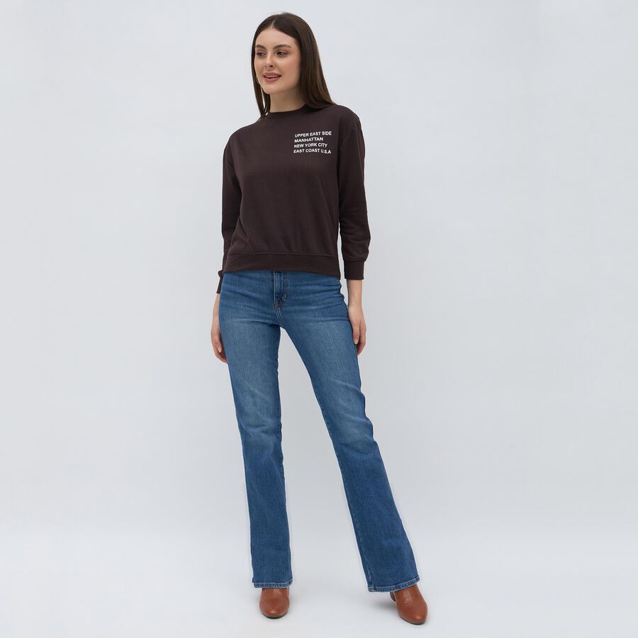 Women's Dark Chocolate Brown Crew Neck Casual Sweatshirt, भूरा, large image number null