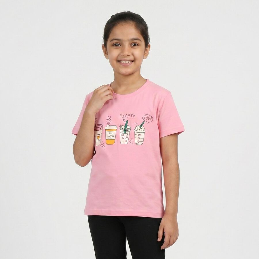 Girls Pink Round Neck Regular T-Shirt, गुलाबी, large