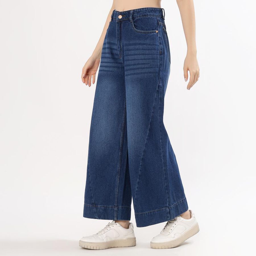 Women's Deep Indigo Wide Leg High Waist Jeans, मध्यम नीला, large image number null