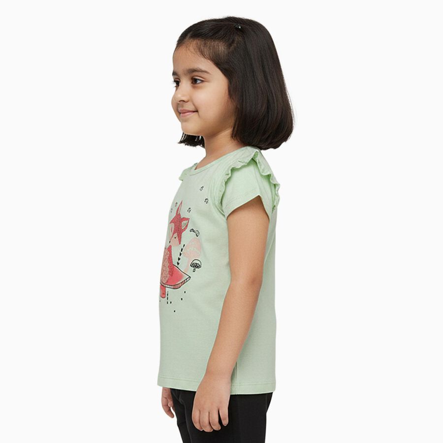 Girls Light Sage Green Cotton Round Neck Casual T-Shirt, Light Green, large image number null