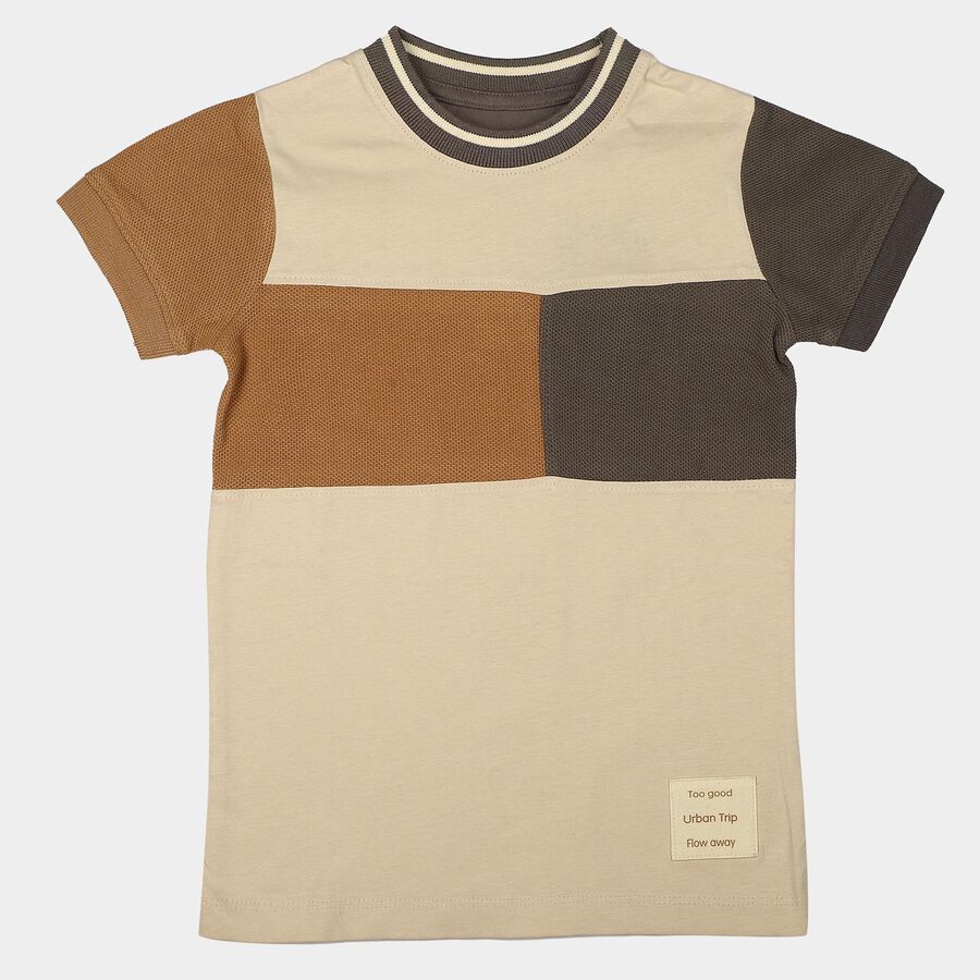 Boys Beige Cotton Crew Neck Regular Boys T-Shirt, Beige, large