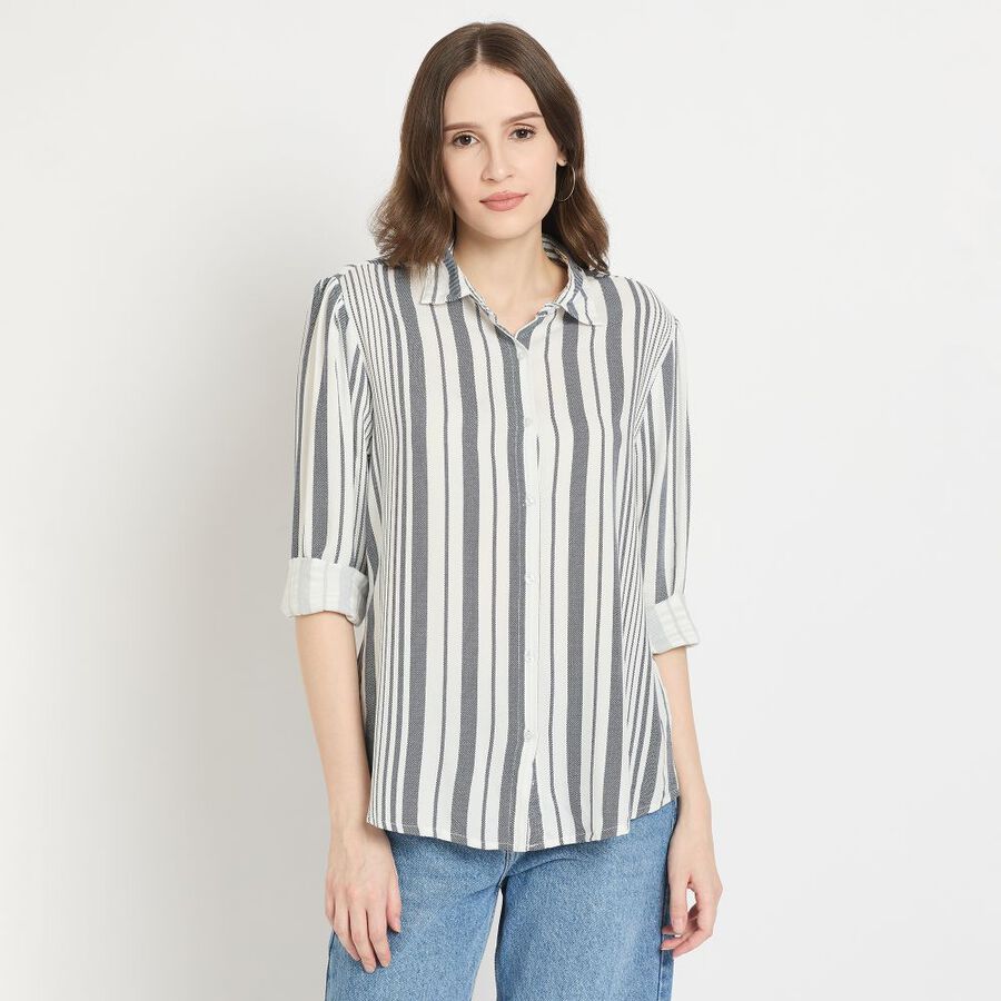 Ladies'  Stripes Shirt, मध्यम नीला, large image number null