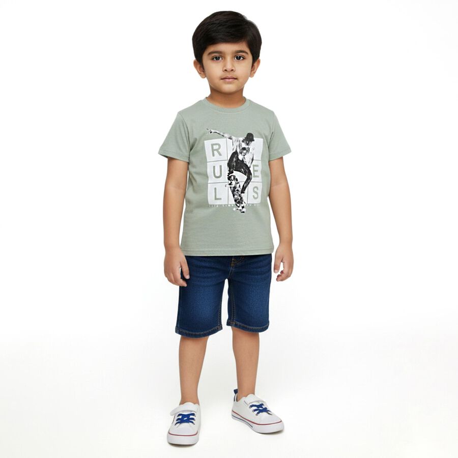 Boys Light Sage Green Cotton Round Neck Casual T-Shirt, हल्का हरा, large image number null